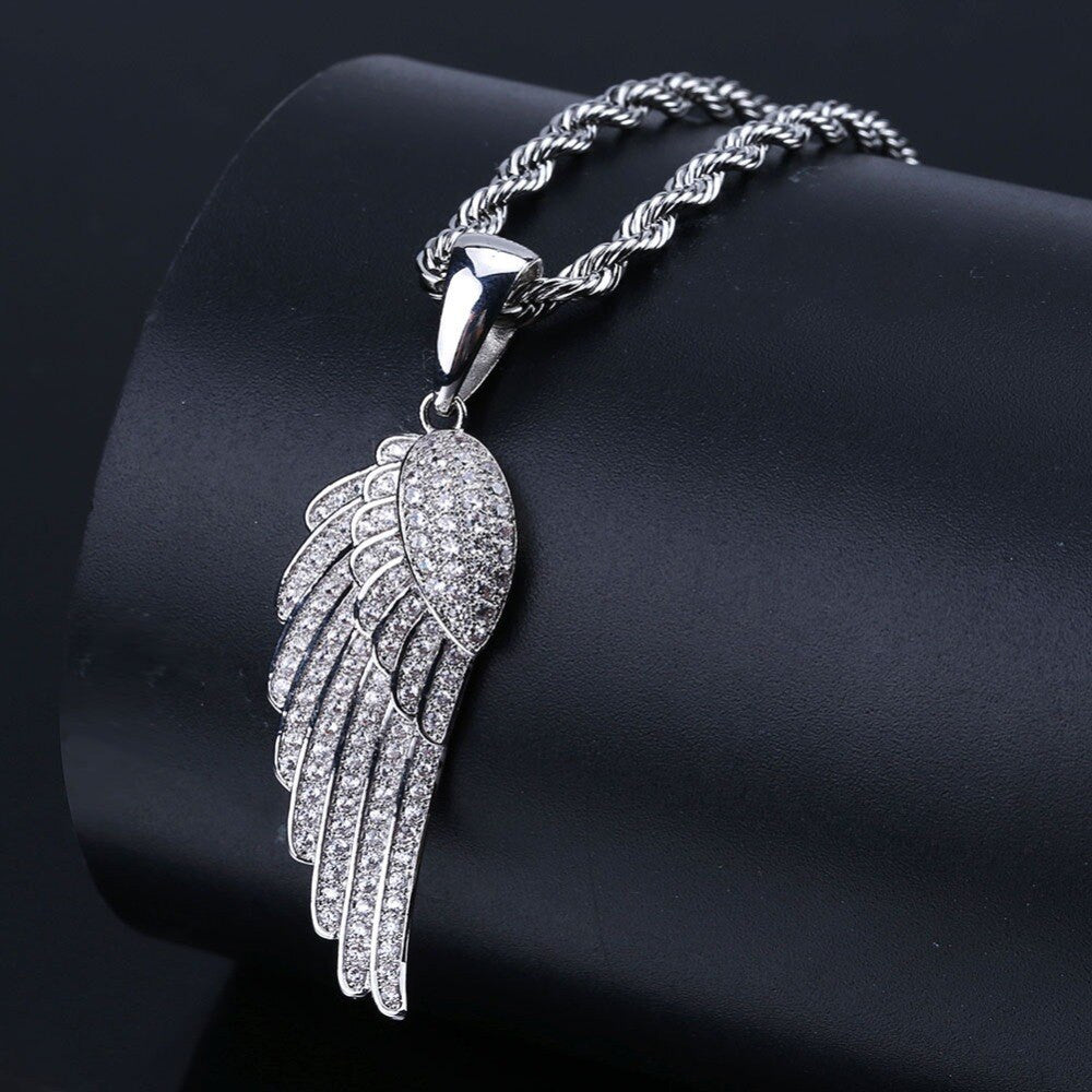 14k Gold 925 Silver Flooded Ice Angel Wings Hip Hop Pendant Chain Necklace
