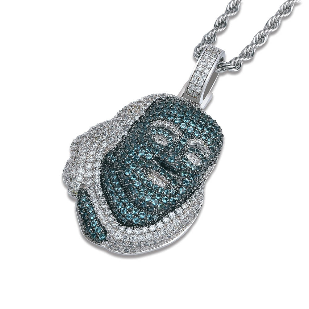 Hip Hop Blue Face Platinum Benjamin Franklin Pendant Chain Necklace
