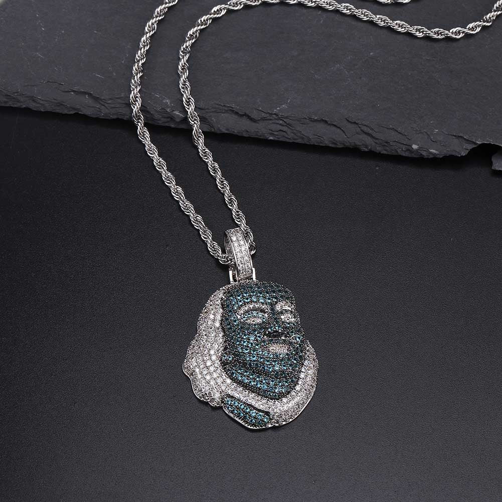 Hip Hop Blue Face Platinum Benjamin Franklin Pendant Chain Necklace