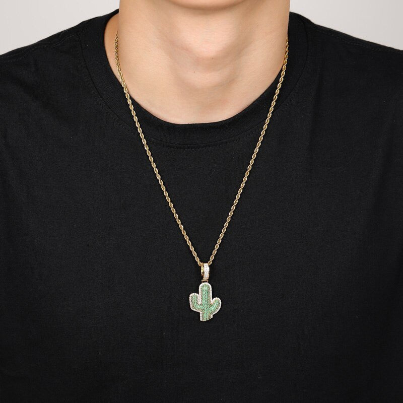 18k Gold 925 Silver Hip Hop Green Cactus Bling Pendant Chain Necklace