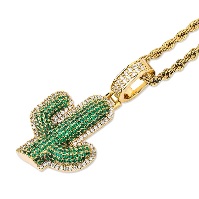18k Gold 925 Silver Hip Hop Green Cactus Bling Pendant Chain Necklace