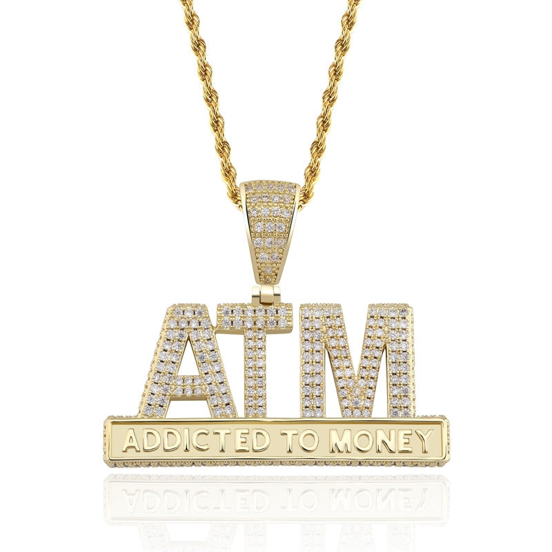 Mens 18k White Yellow Gold ATM Addicted To Money Micro Pave Flooded Ice Pendant Chain