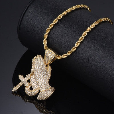 Flooded Ice Micro Pave Prayer Hands Cross Hip Hop 14k Gold Pendant Chain Necklace