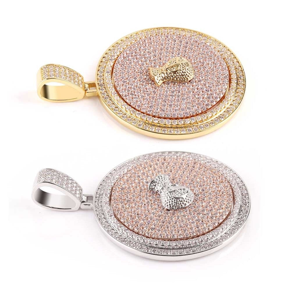 14k Gold 925 Silver Flooded Ice True Micro Pave Moveable Money Bag Hip Hop Pendant