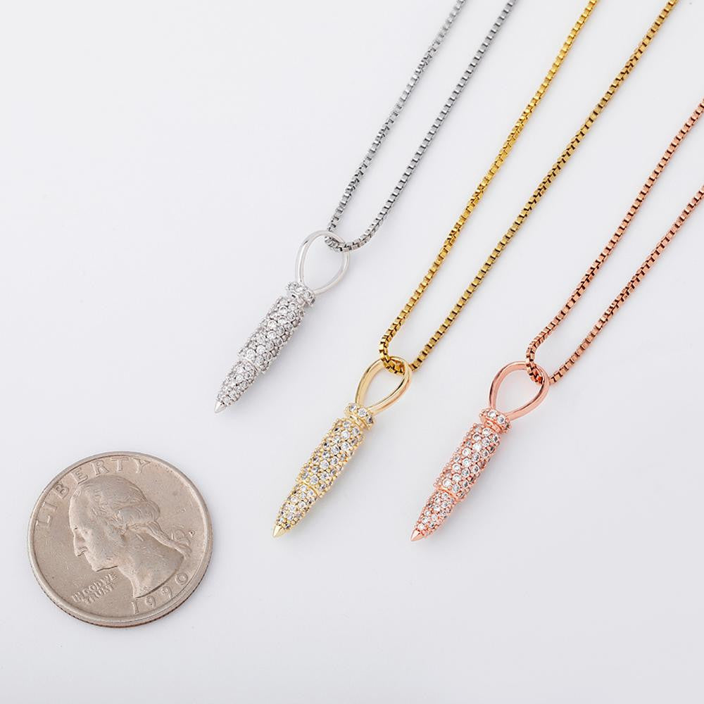 Flooded Ice Solid .925 Sterling Silver Rose 14k Gold Bullet Case Pendant Chain Necklace