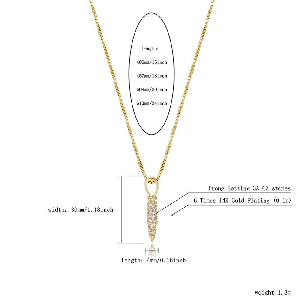 Flooded Ice Solid .925 Sterling Silver Rose 14k Gold Bullet Case Pendant Chain Necklace