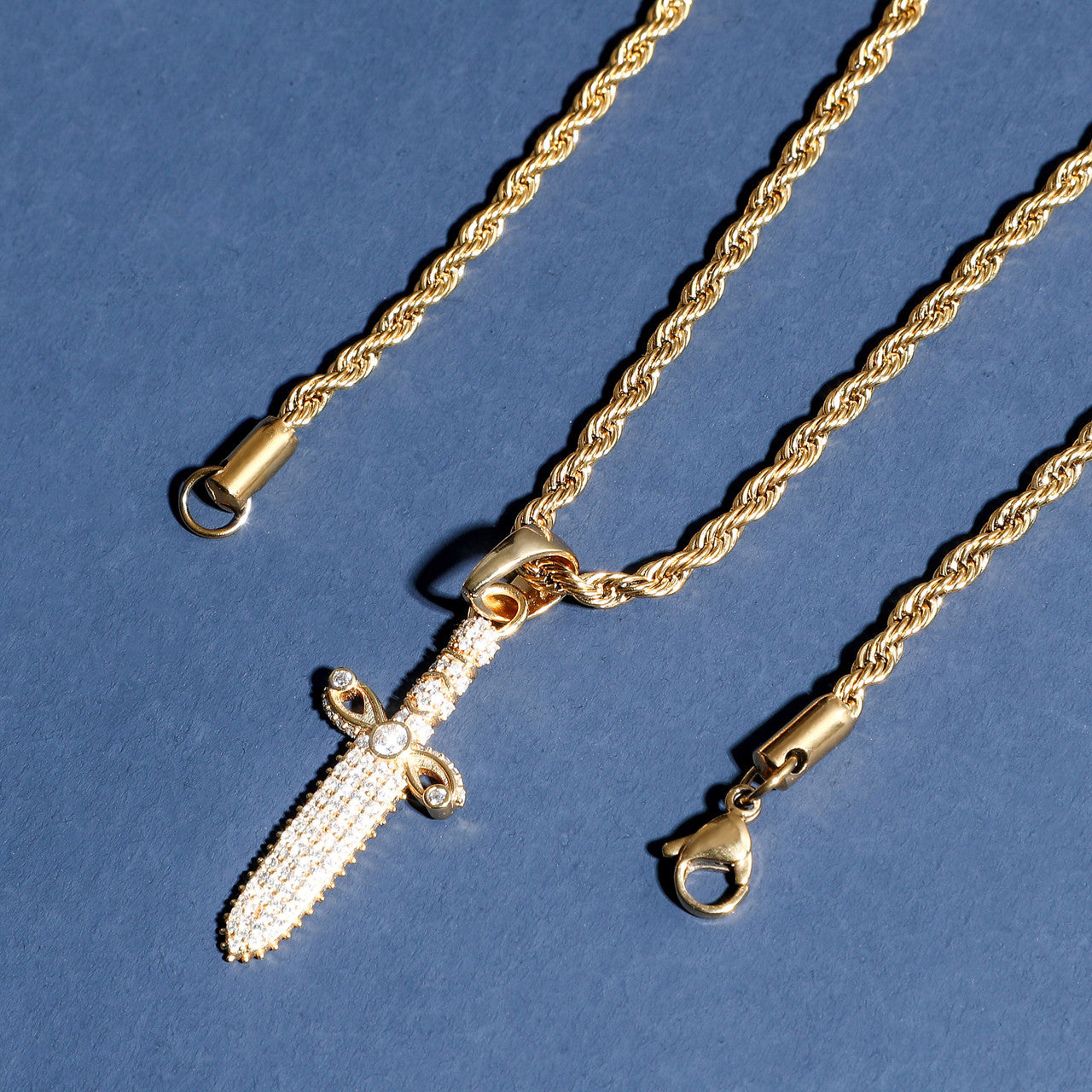 Solid .925 Sterling Silver Ancient Dagger Cross Bling Pendant Chain Necklace