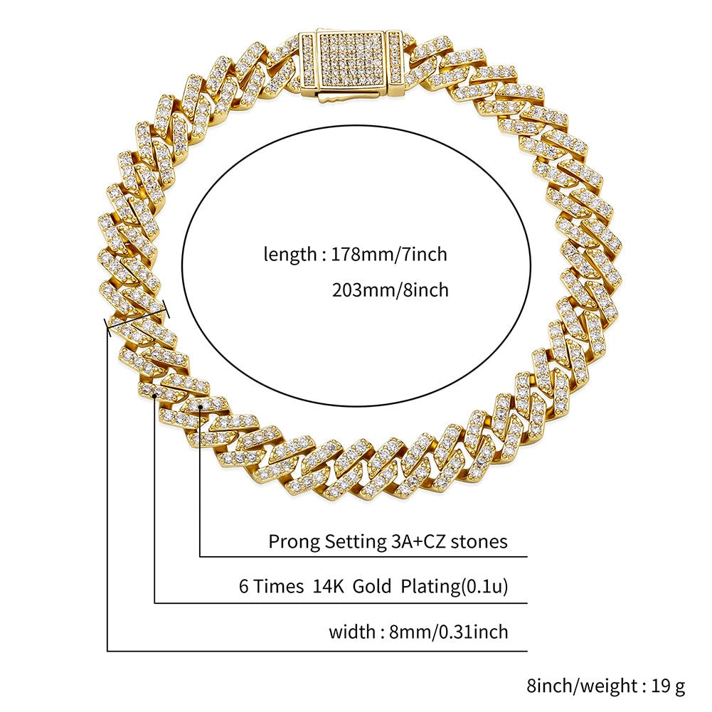 14k Gold 925 Silver Flooded Ice 8mm Spring Clasp Cluster Stone Hip Hop Bracelets