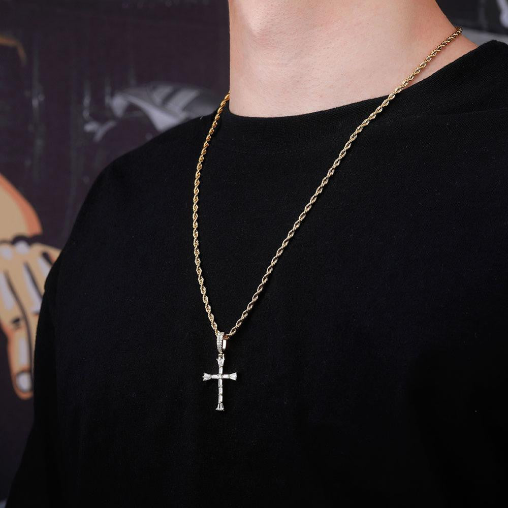 14k Silver Rose Gold All Ice Baguette Center Stone Hip Hop Cross Pendant Chain Necklace