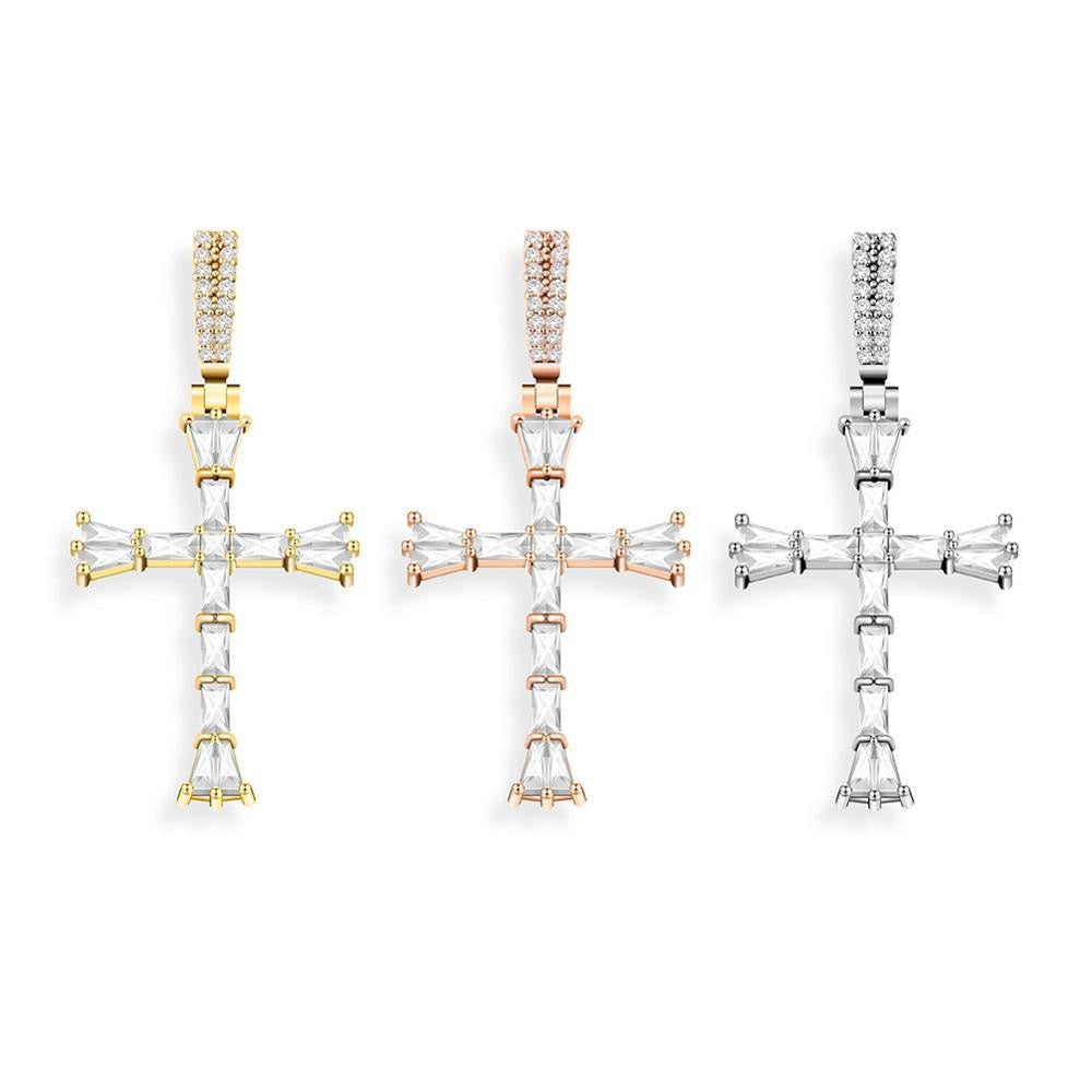 14k Silver Rose Gold All Ice Baguette Center Stone Hip Hop Cross Pendant Chain Necklace