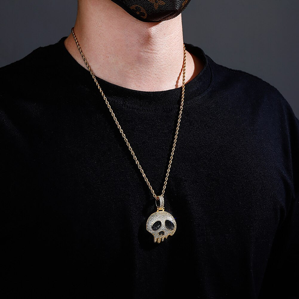 Mens 14k Gold 925 Silver Flooded Ice Broken Skull Head Hip Hop Pendant Chain Necklace