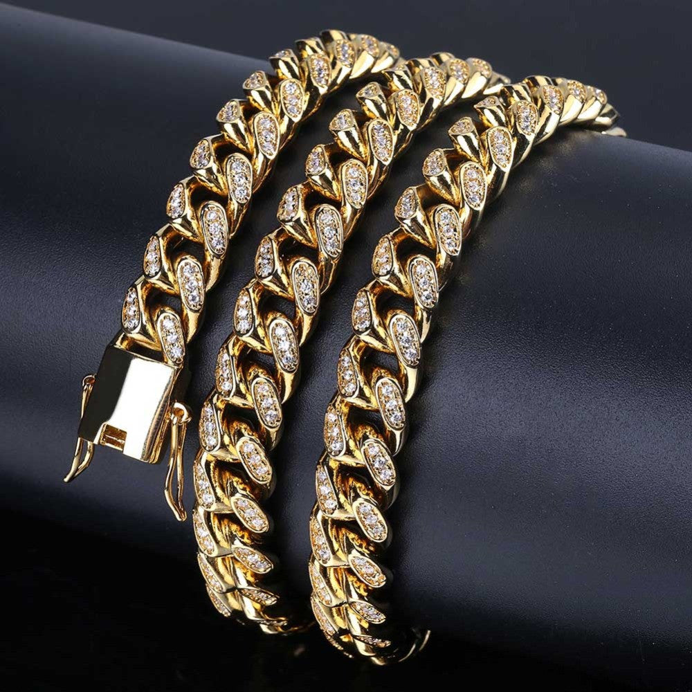 10mm Miami Cuban Link Micro Pave Stone 14k Gold 925 Silver Hip Hop Chain