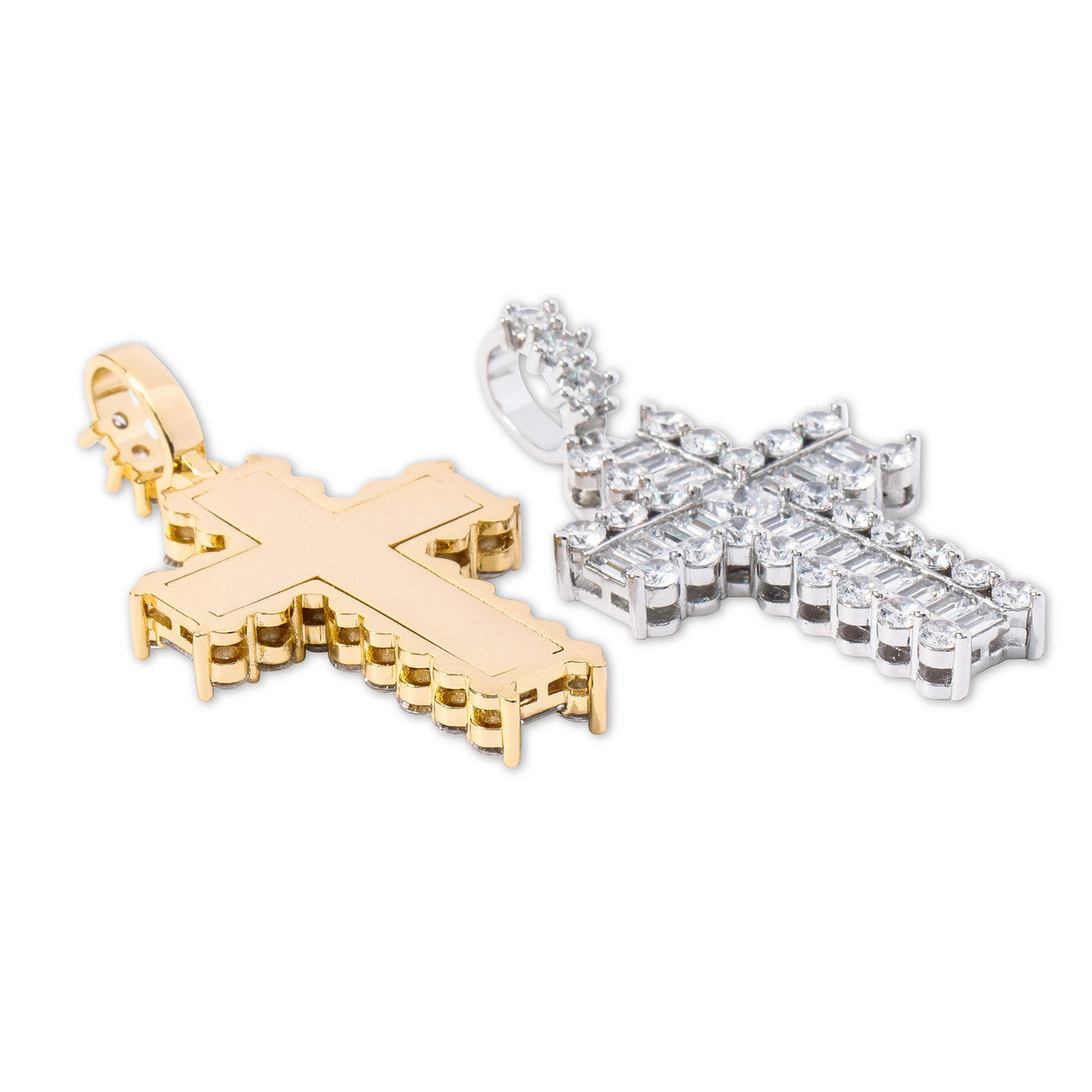 Mini Baguette Paved 14k Rose Gold Silver Hip Hop Cross Pendant Chain Necklace
