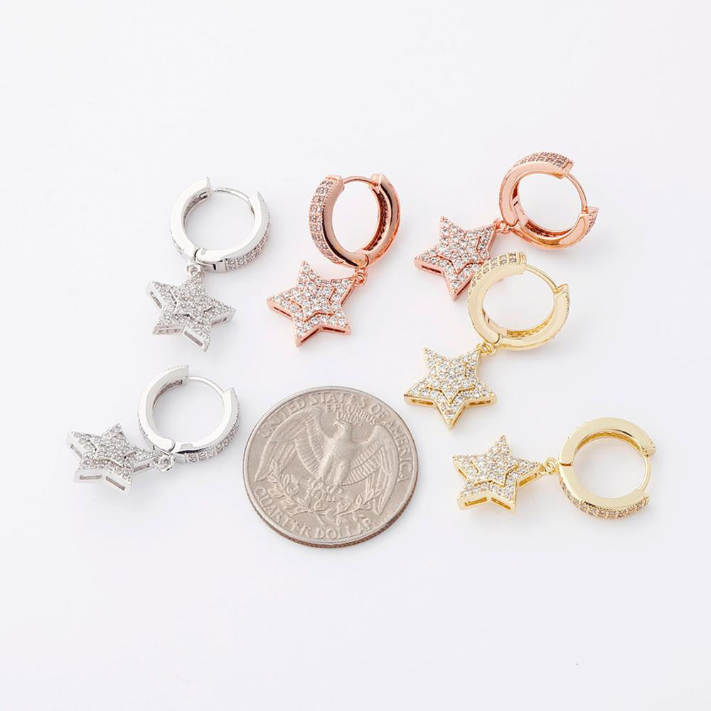 Retro Huggie Star | Hip Hop 5 Point Huggie 18k Gold Rose Gold 925 Silver Bling Earrings