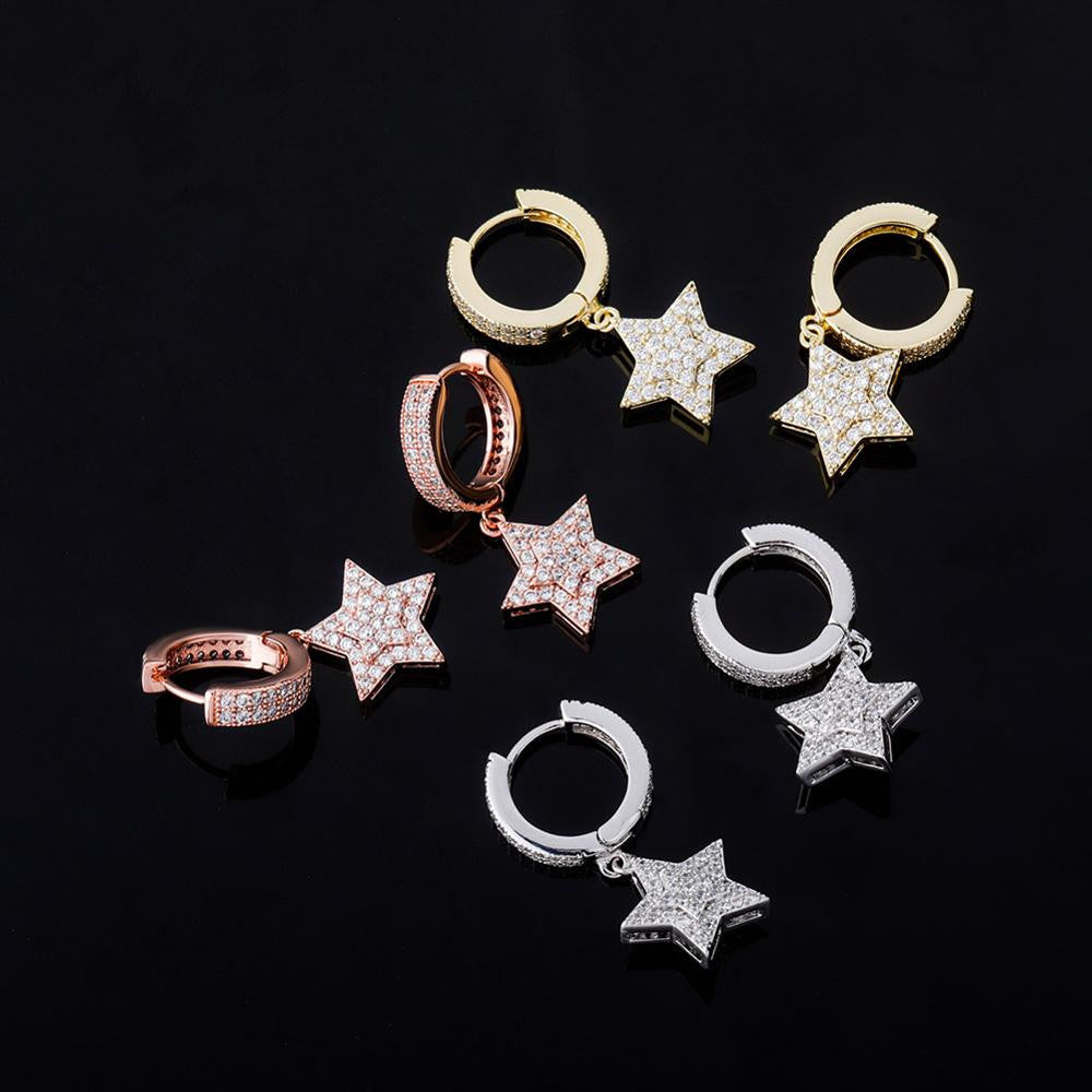Hip Hop 5 Point Super Star Hoop Huggie 14k Gold Rose Gold 925 Silver Bling Earrings