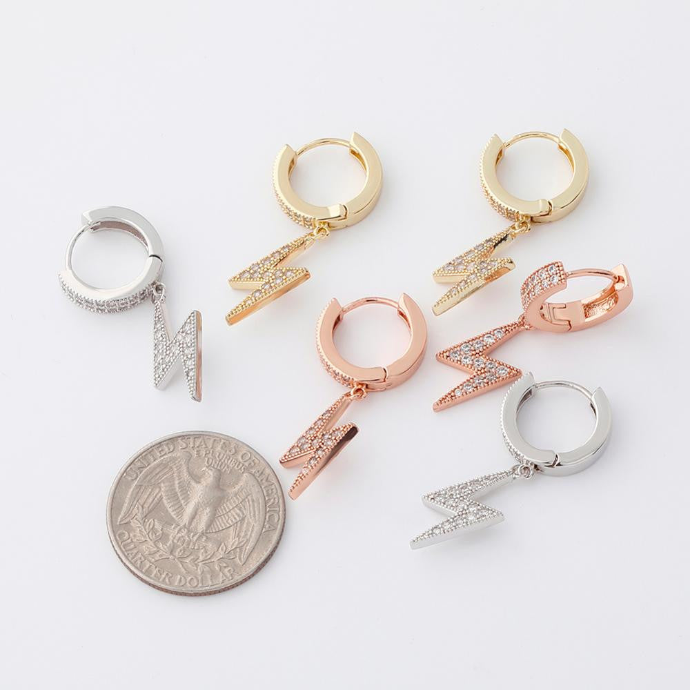 Retro Huggie Lightning | VVS Diamond CZ Hoop Thunderbolt Bling 4 Prong Set Stone Earrings