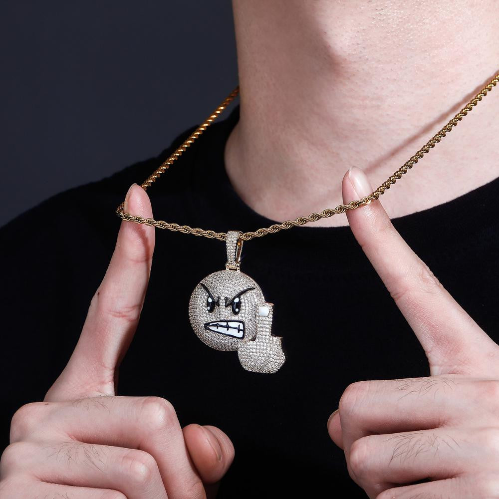 Mens New Bling Angry Face Middle Finger Emoji AAA Simulate Diamond Flooded Ice Pendant