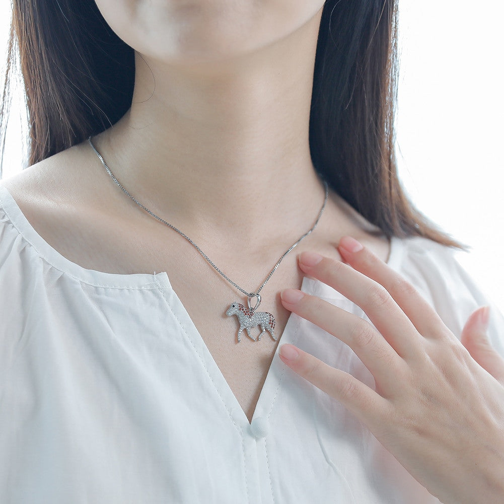 Ladies Fine Jewelry 3A Simulate Diamond .925 Sterling Silver Horse Pendant Necklace