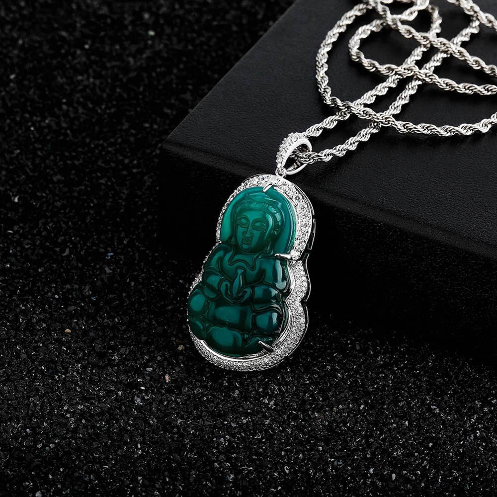 AAA 14k Gold .925 Silver Emerald Micro Pave Avalokitesvara Bodhisattva Buddha Pendant