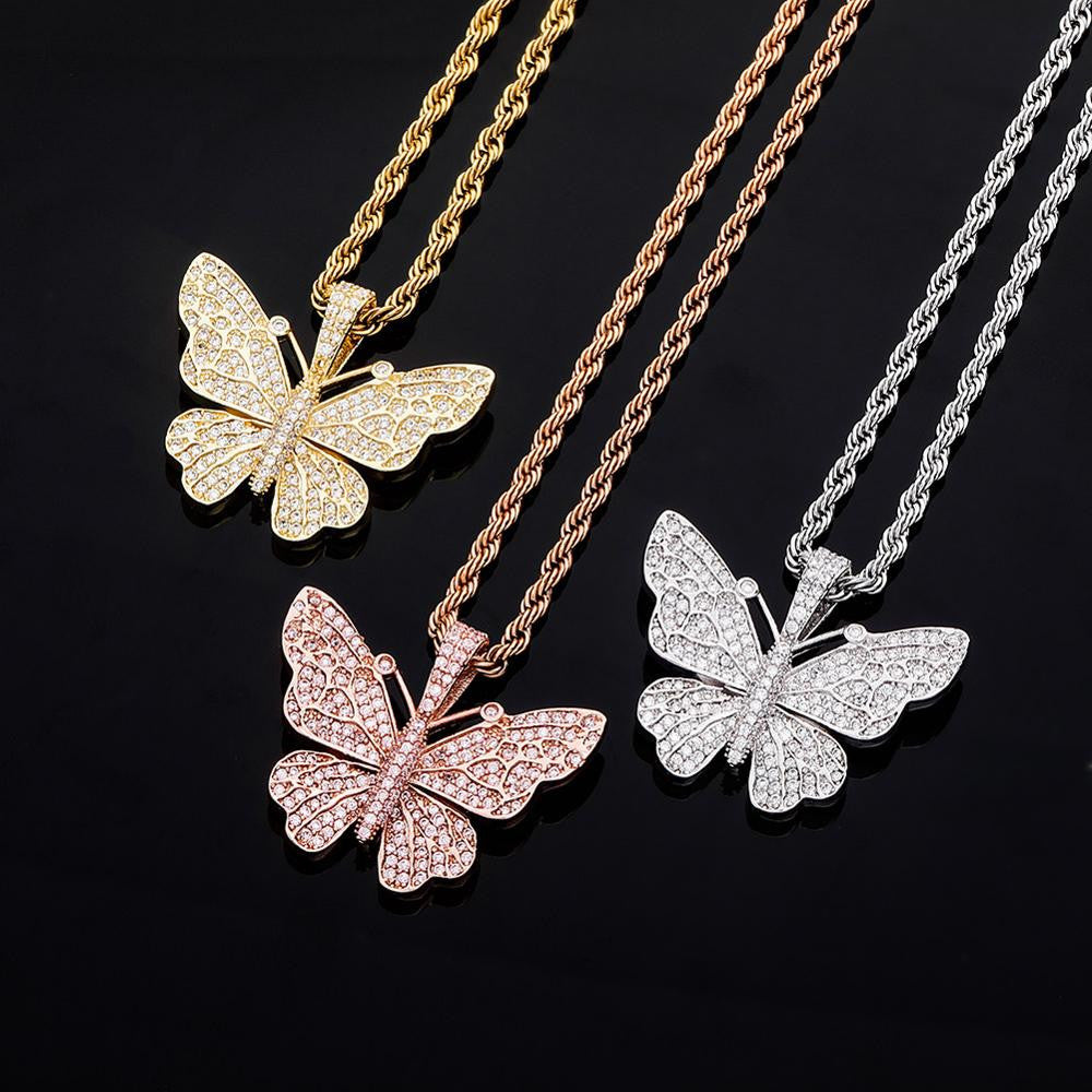 Ladies Bling Bling AAA Micro Pave 14k 925 Rose Gold Hip Hop Butterfly Pendant Necklace