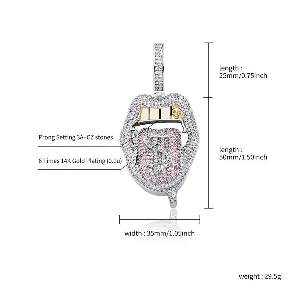 Pink Blue Cash Money Tongue Hot Girl Gold Grillz Hip Hop Pendant Chain Necklace