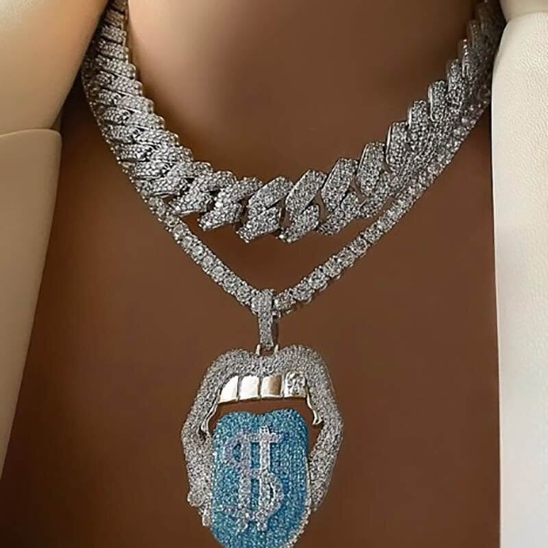 Pink Blue Cash Money Tongue Hot Girl Gold Grillz Hip Hop Pendant Chain Necklace