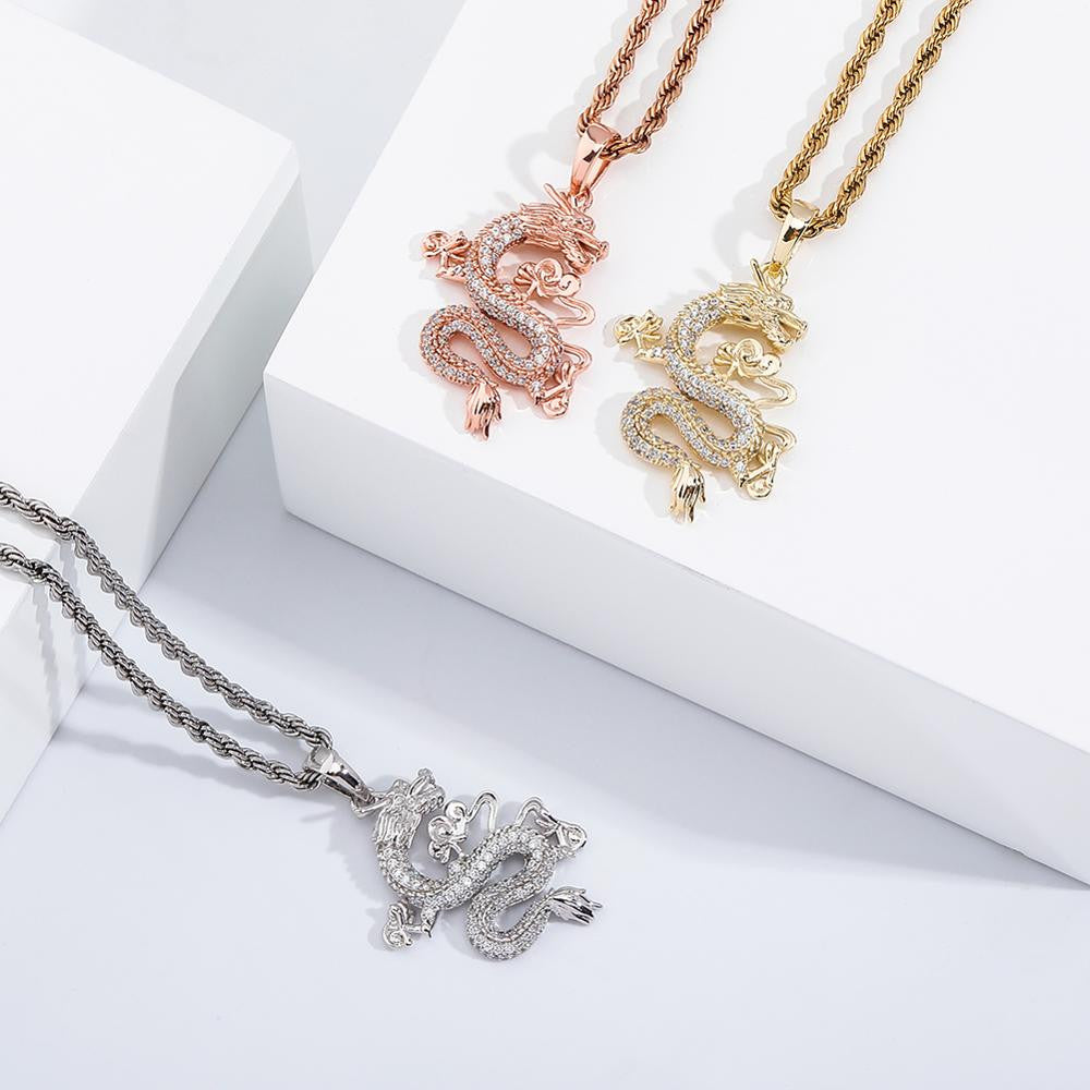 14k White Yellow Rose Gold Lucky Dragon Hip Hop Flooded Ice Pendant Chain Necklace
