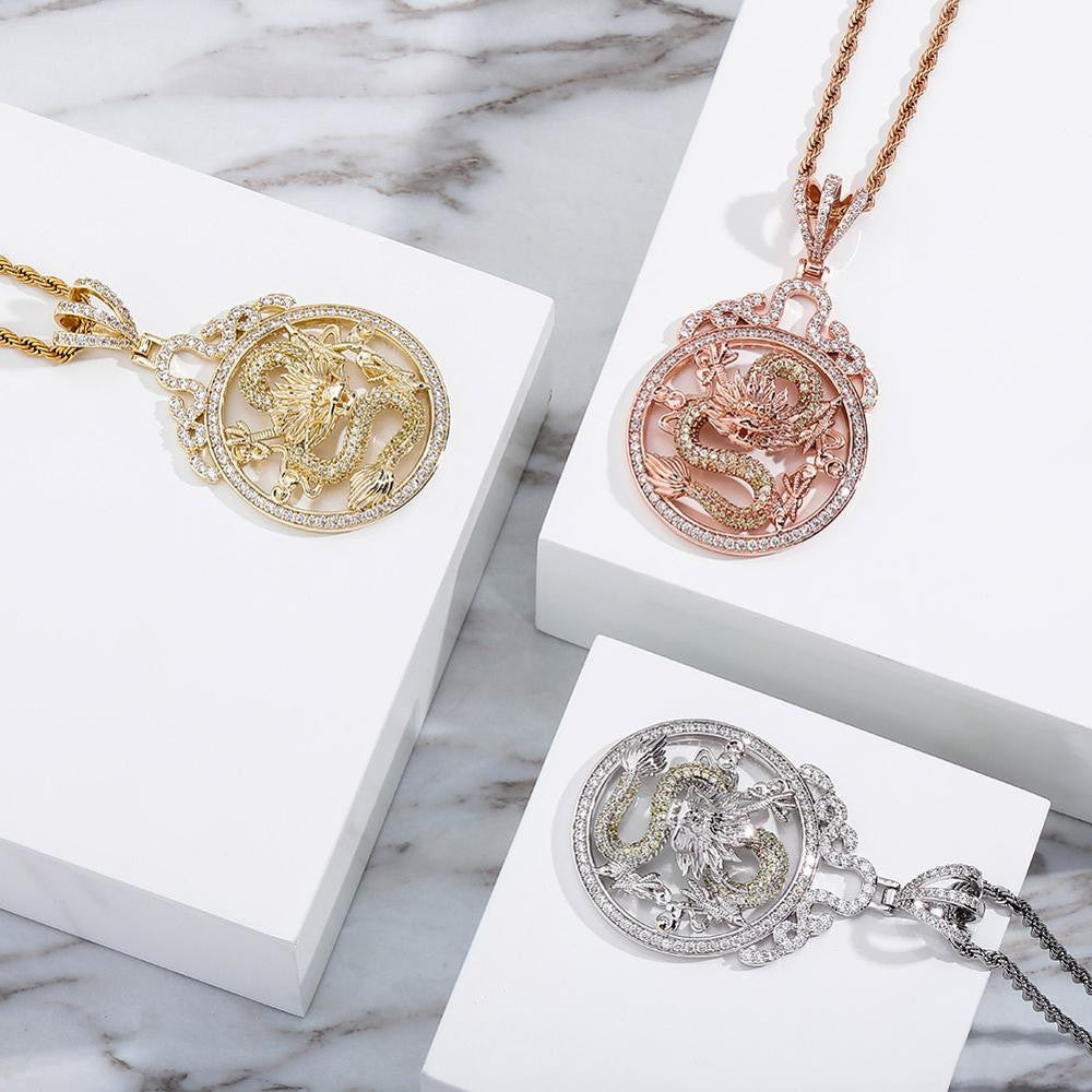 925 Silver Rose Gold 14k Chinese Style Hip Hop Fashion Dragon Pendant Chain Necklace
