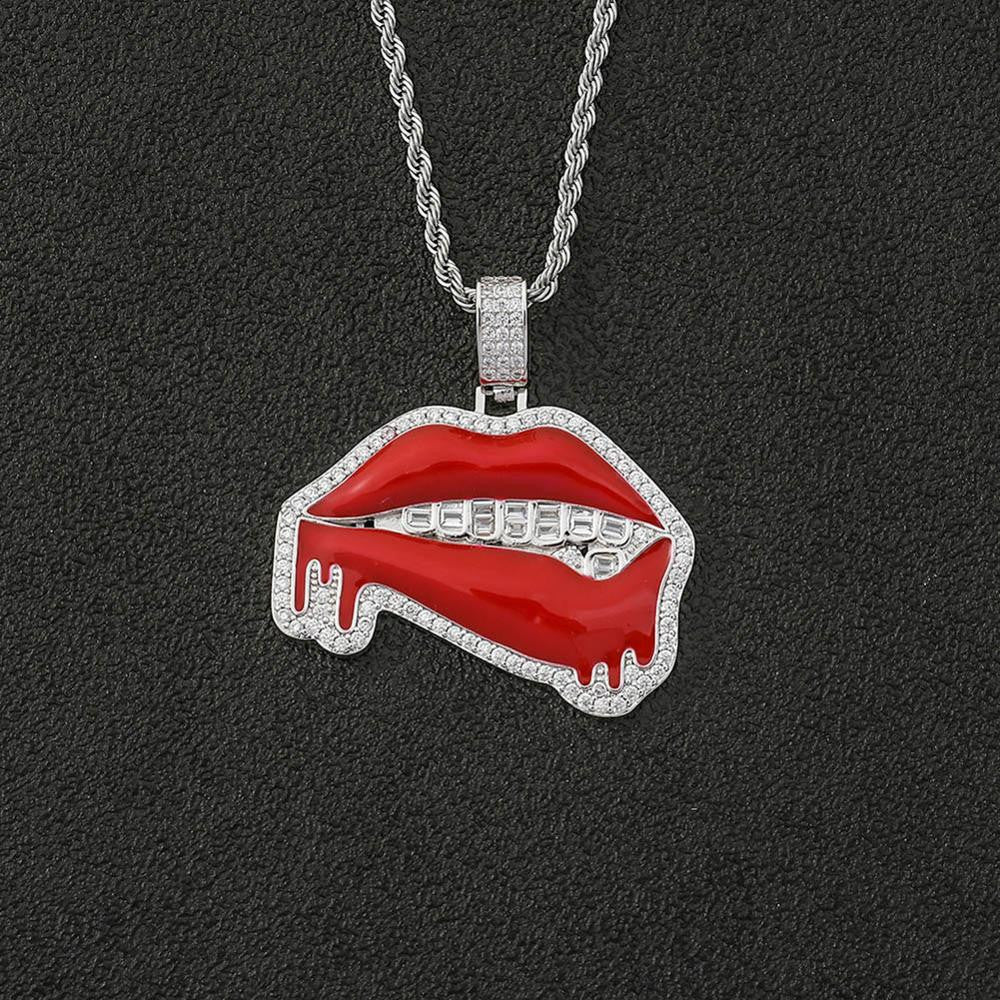 Flooded Ice Baguette Grillz Red Lipstick Dripping Drooling Hot Lips Hip Hop Pendant