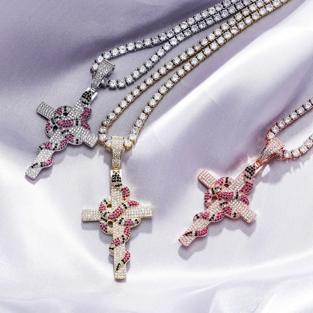 AAA Micro Pave Coral Snake Flooded Ice Hip Hop Cross Pendant Chain Necklace