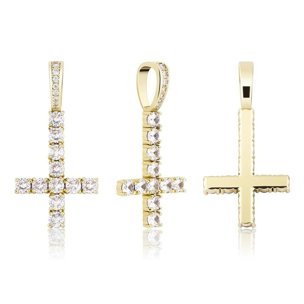 Mens Rose Gold 14k 925 Silver Cluster Stone Upside Down Single Peter Cross Pendant Chain Necklace