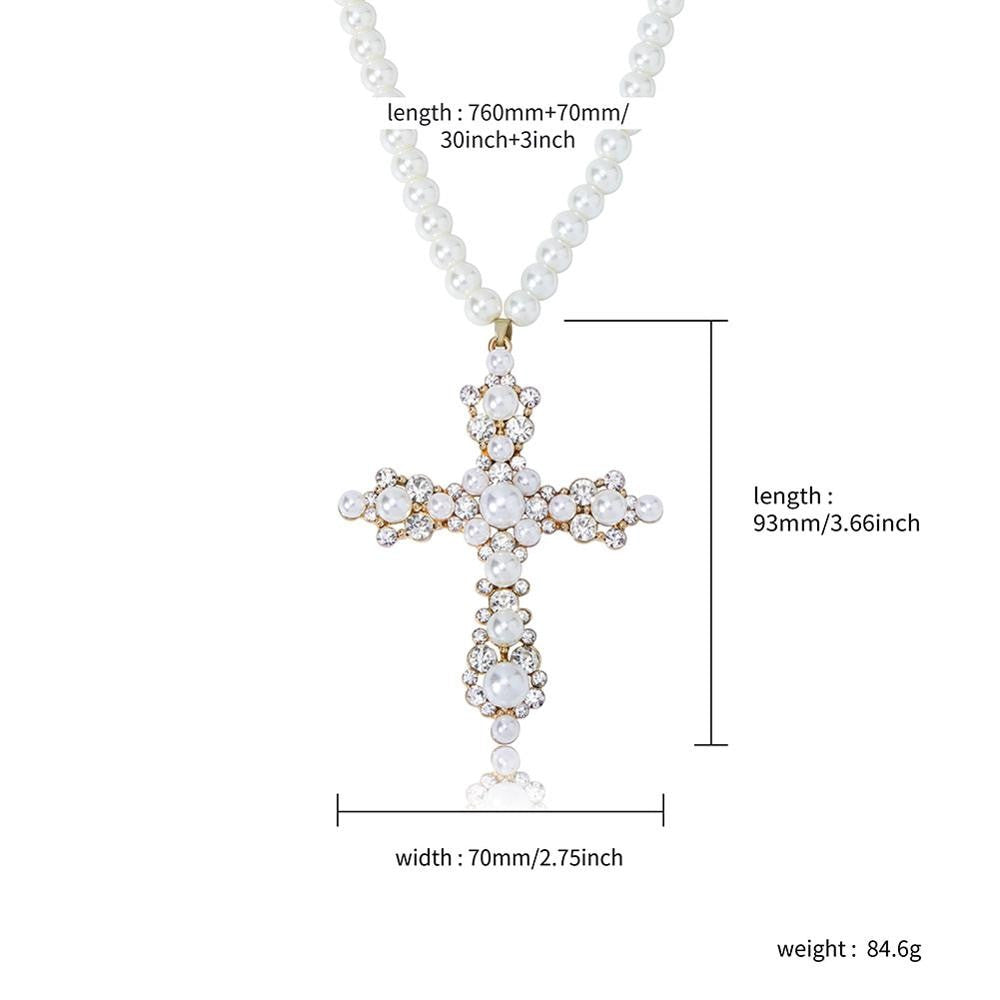 Ladies New Fashion White Pearl Strand Simulate Diamond Vintage look Cross Necklace