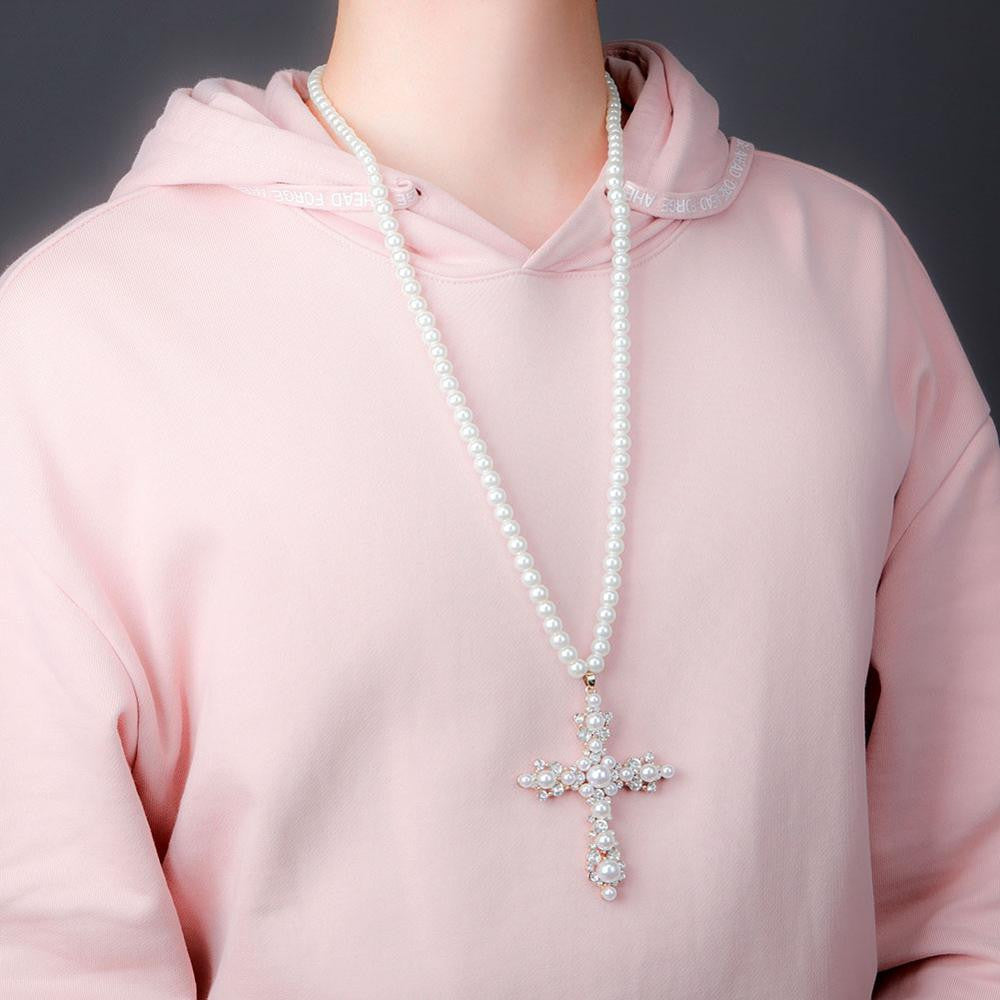 Ladies New Fashion White Pearl Strand Simulate Diamond Vintage look Cross Necklace