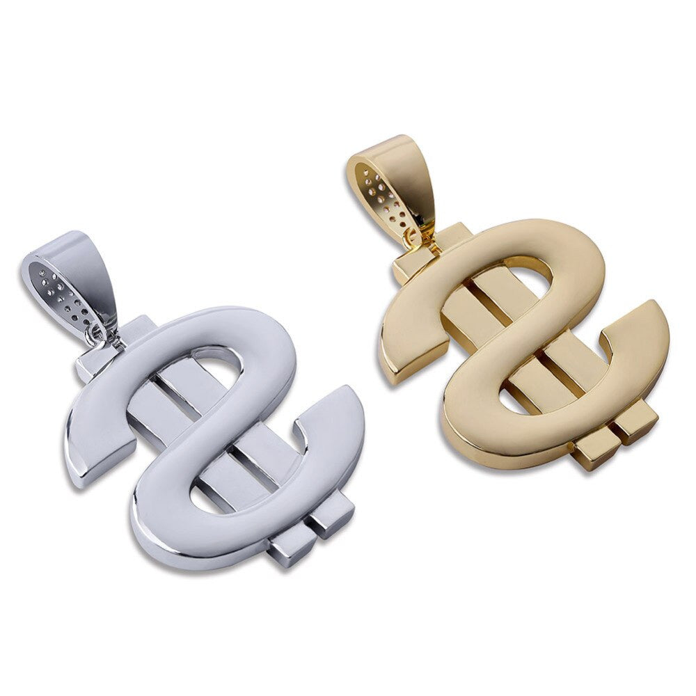 Flooded Ice Solid Dollar Sign 14k Gold 925 Silver Hip Hop Pendant