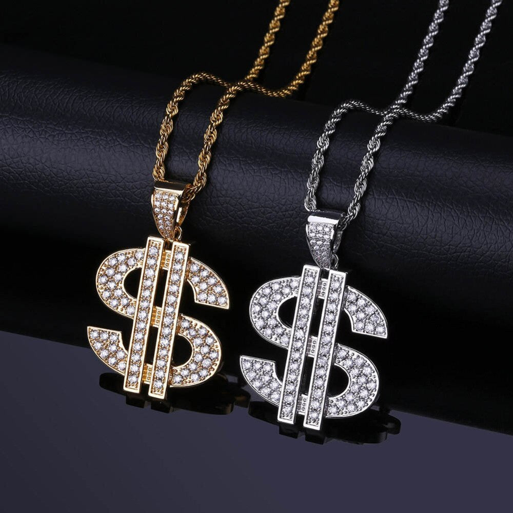Flooded Ice Solid Dollar Sign 14k Gold 925 Silver Hip Hop Pendant