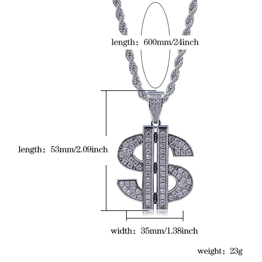 Flooded Ice Solid Dollar Sign 14k Gold 925 Silver Hip Hop Pendant