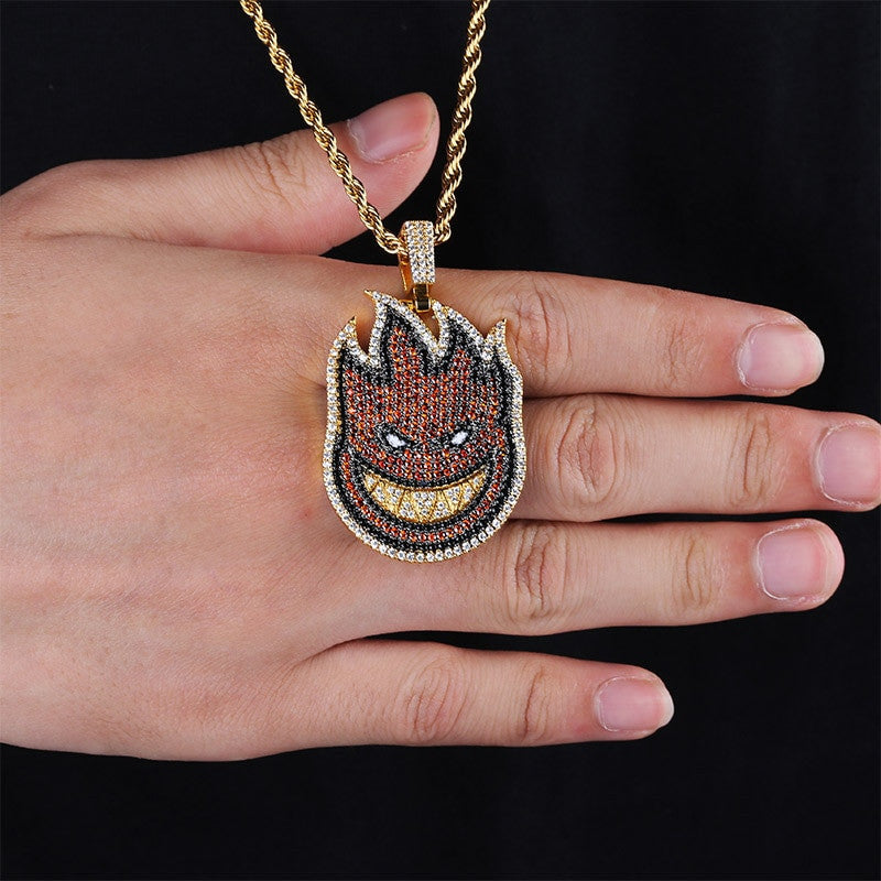 Spitfire Flame Demon Rap Bar Spitter 14k Gold AAA Micro Pave Flooded Ice Pendant