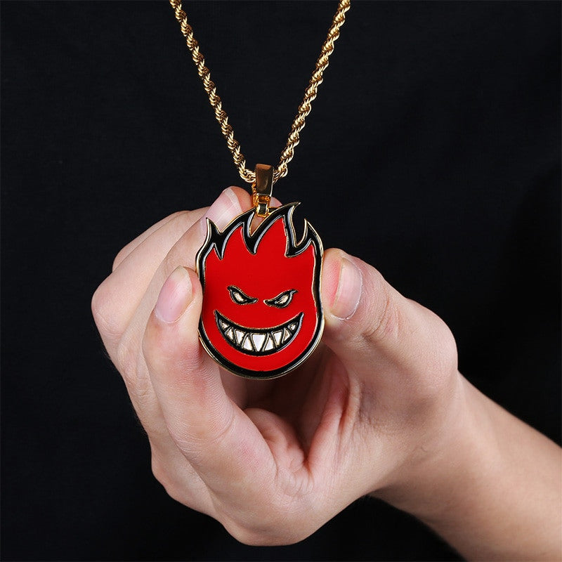 Spitfire Flame Demon Rap Bar Spitter 14k Gold AAA Micro Pave Flooded Ice Pendant