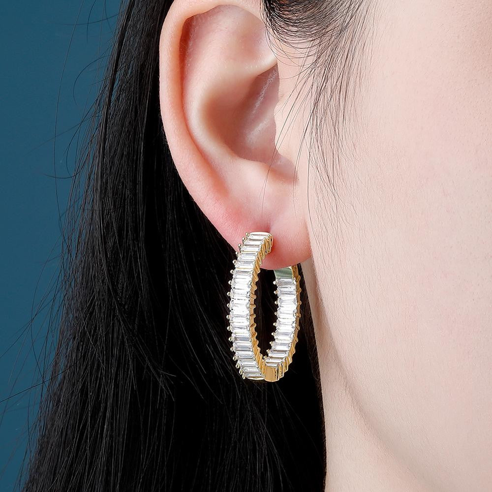 Street Wear Fashion Iced Baguette Yellow White Rose Gold Hoop Earrings