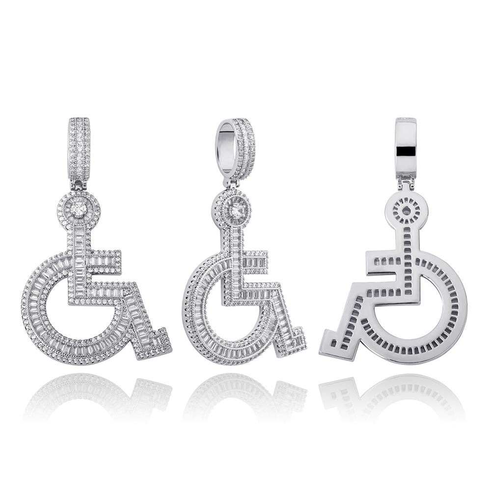 14k Gold 925 Silver Flooded Ice Baguette Wheelchair Baguette Pendant Chain Necklace