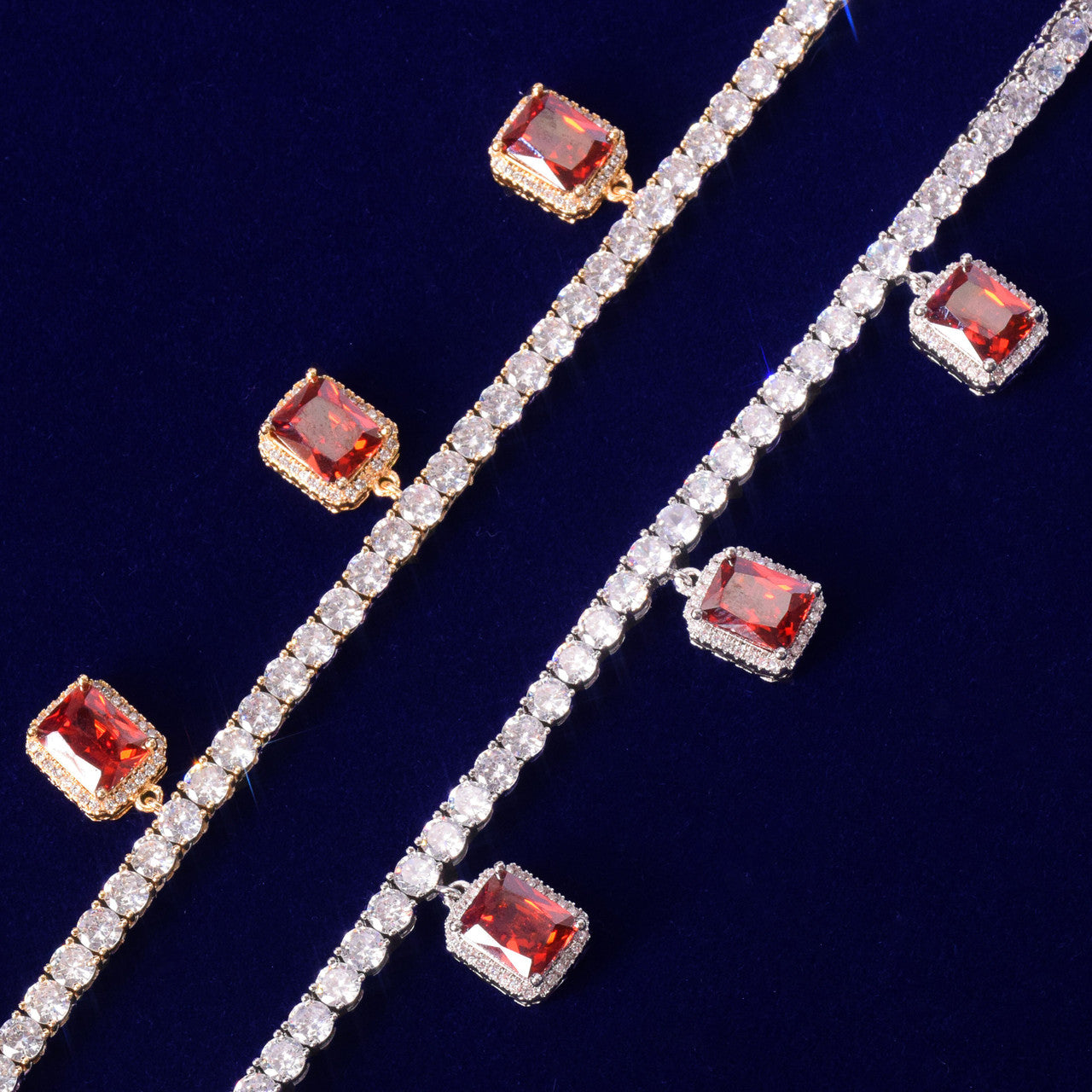 18k Gold .925 Silver Ruby Red Gemstone Adjustable Tennis Chain Flooded Ice Chain Necklace