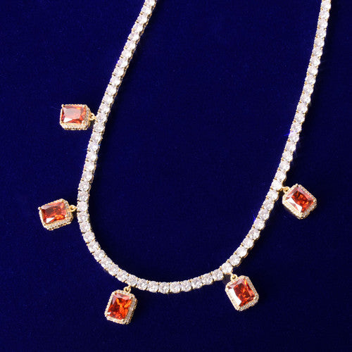 18k Gold .925 Silver Ruby Red Gemstone Adjustable Tennis Chain Flooded Ice Chain Necklace