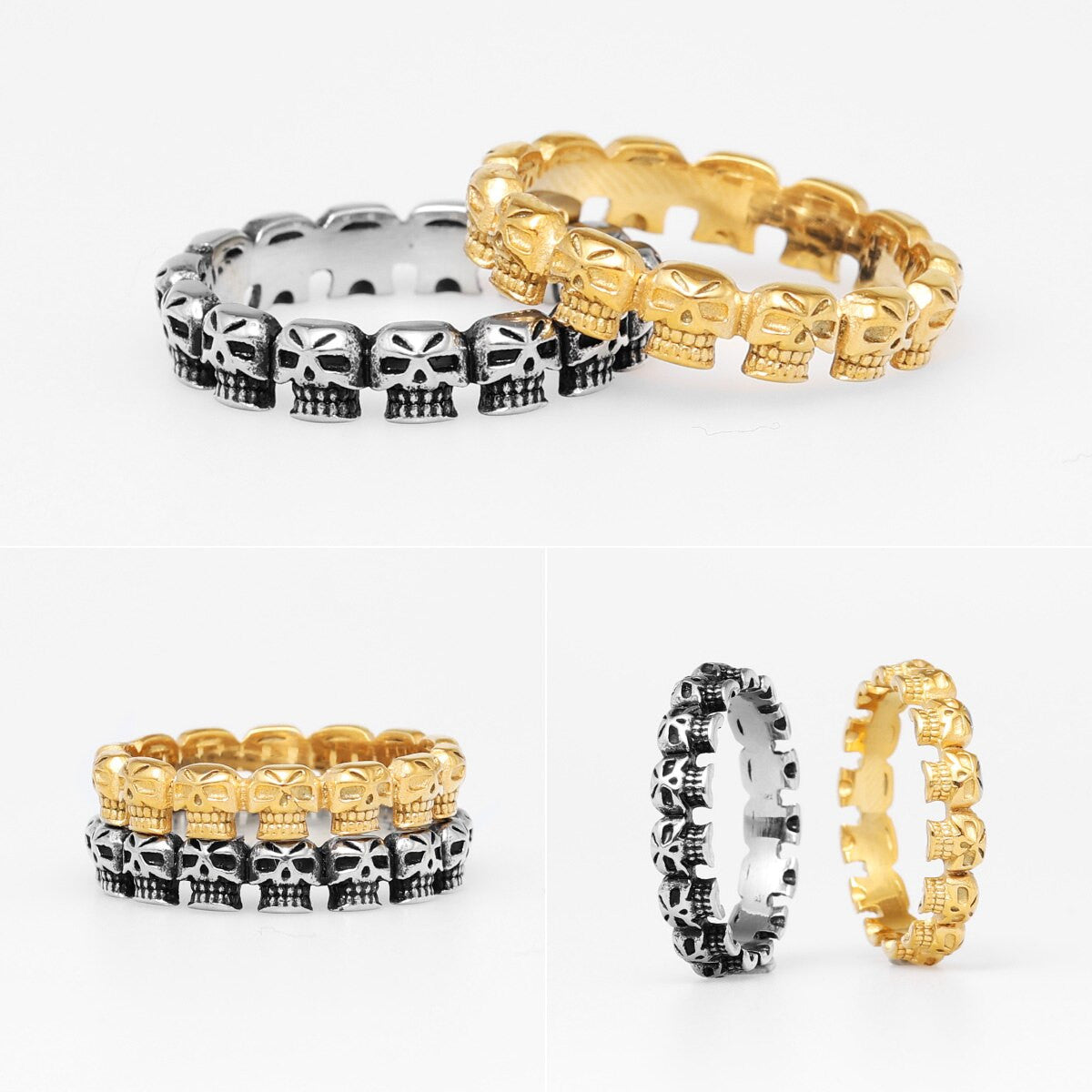 316L Skull Binding 14k Gold over No Fade Stainless Steel Street Wear Rings
