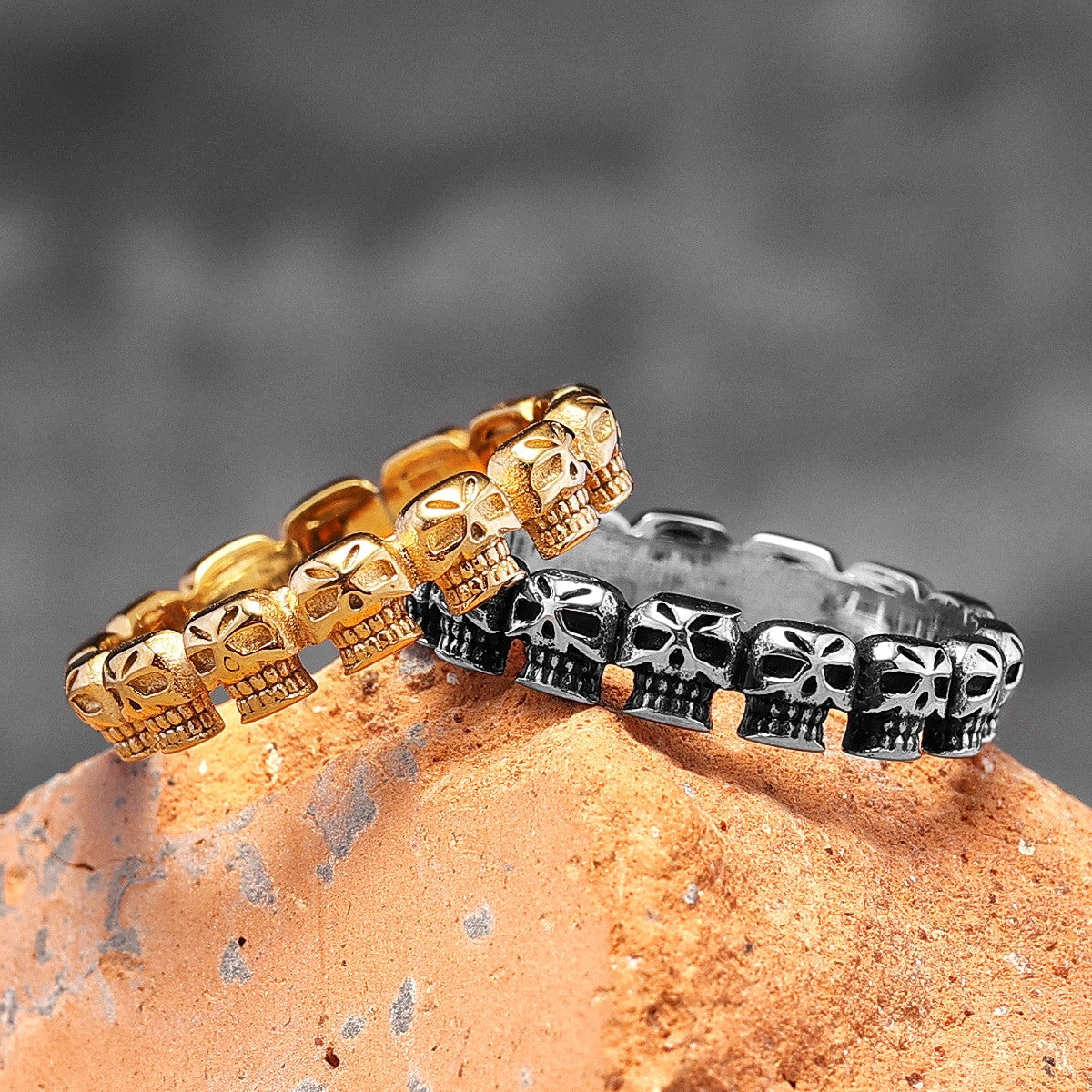 316L Skull Binding 14k Gold over No Fade Stainless Steel Street Wear Rings