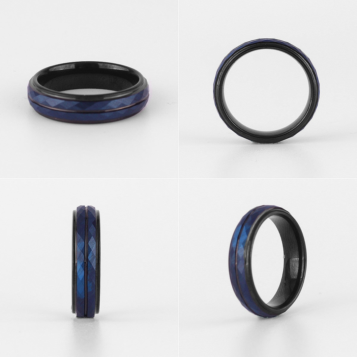 Mens No Fade Gentleman's Tungsten Black Blue Rhombus Luxury Rings