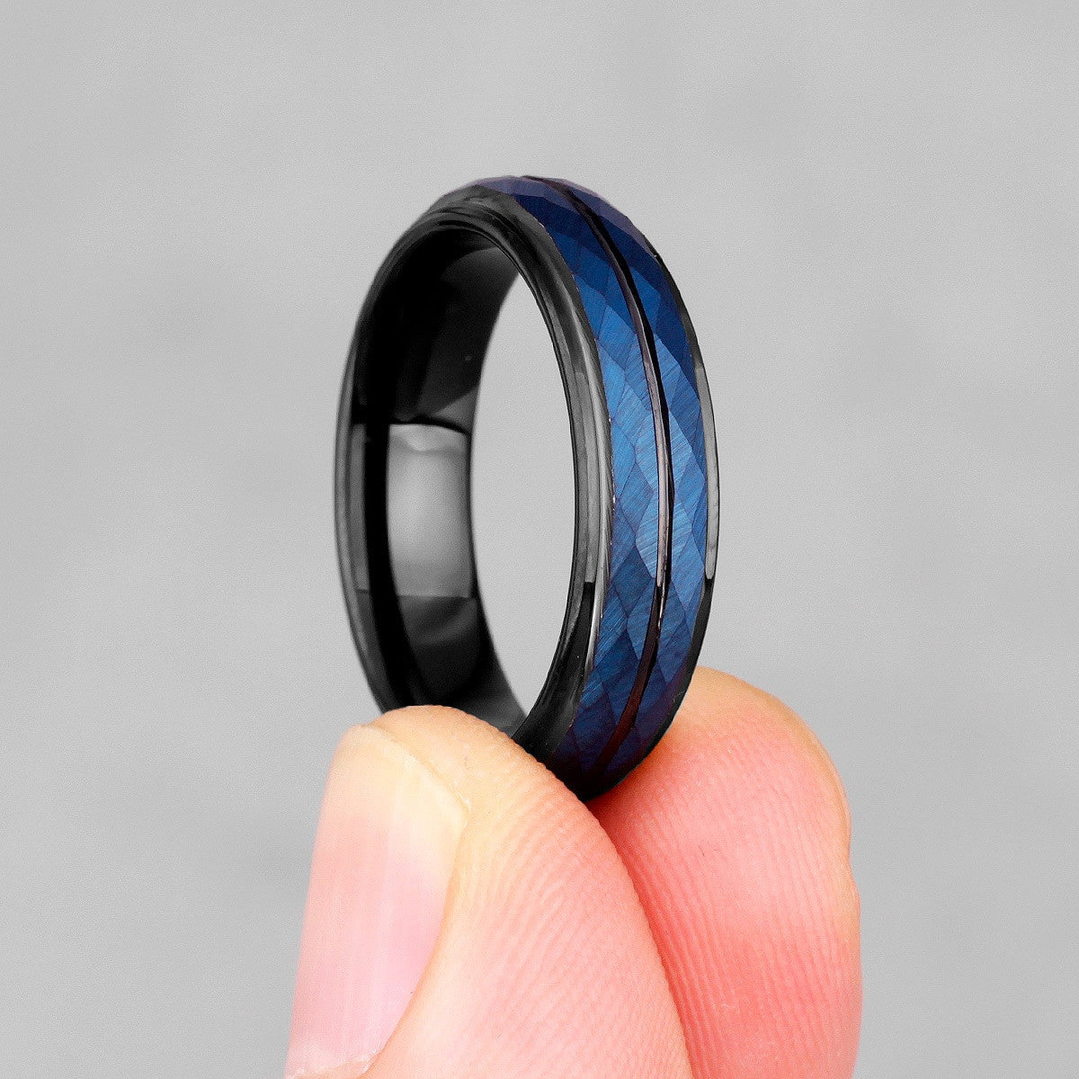 Mens No Fade Gentleman's Tungsten Black Blue Rhombus Luxury Rings