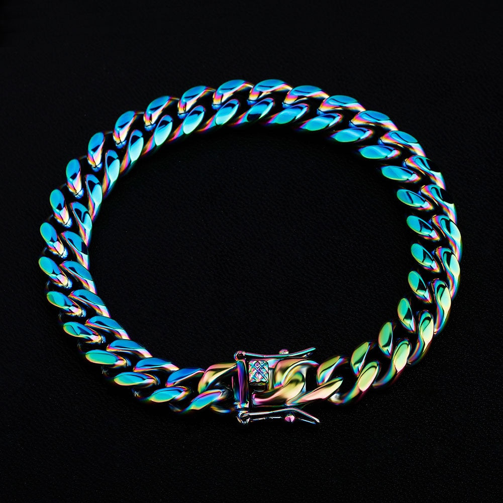 10mm 14mm Stainless Steel Fashion Rainbow Color Cuban Link Hip Hop Bracelet