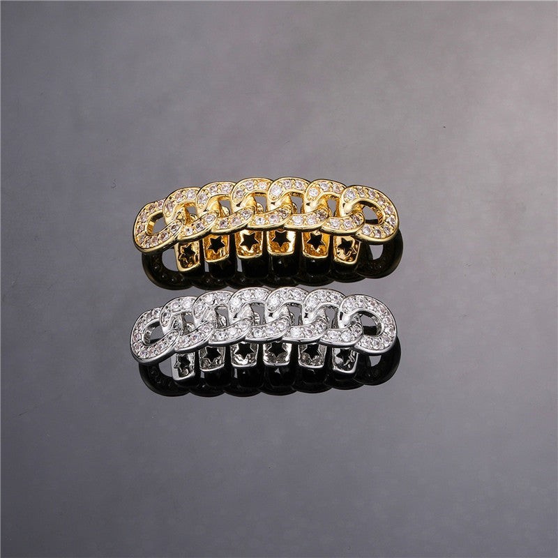 Hip Hop Diamond Cz Bling Iced Miami Cuban Link Bottom Teeth Grillz Grills
