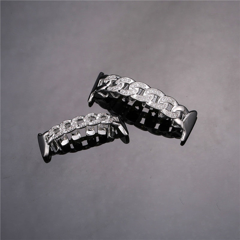 Blinged Out Micro Pave Iced Hip Hop Cuban Link Fang Top Bottom Teeth Grillz Set