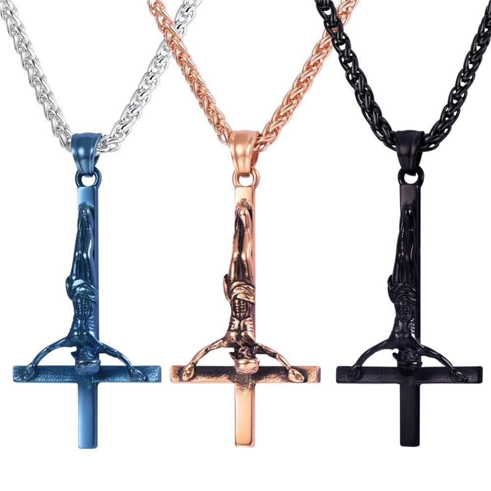 Inverted Upside Down Peter Cross Stainless Steel No Fade Bling Pendant Chain Necklace